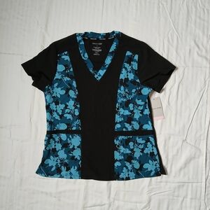 Women's Black and Blue Floral Scrub Medical Top